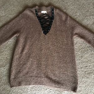 Tan Lace-up Sweater